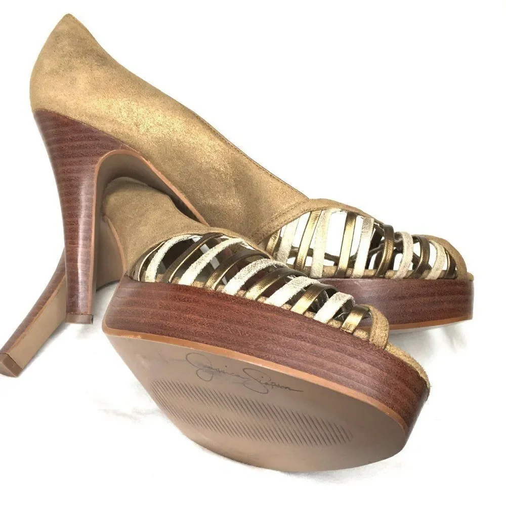 Jessica Simpson Bronze Suede & Wood Pump NWOT